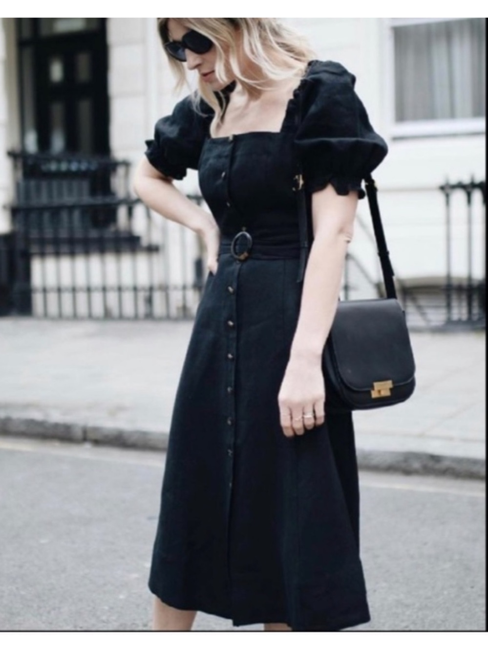 Sezane Winona Dress Black Linen Puff Sleeve Button front midi Size 2